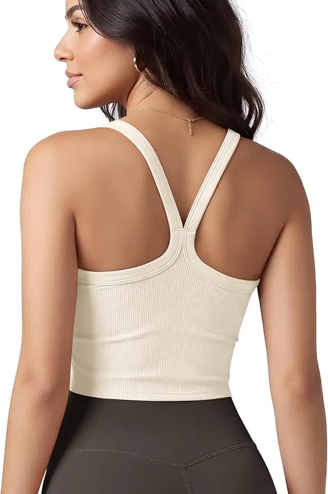 ODODOS Women's Seamless Crop Cami Wide Scoop Neck Ribbed Soft Open Racerback Cropped Tank