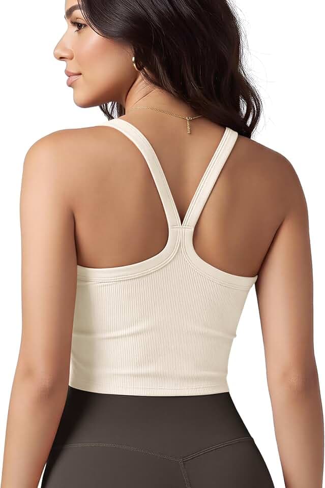 ODODOS Women's Seamless Crop Cami Wide Scoop Neck Ribbed Soft Open Racerback Cropped Tank