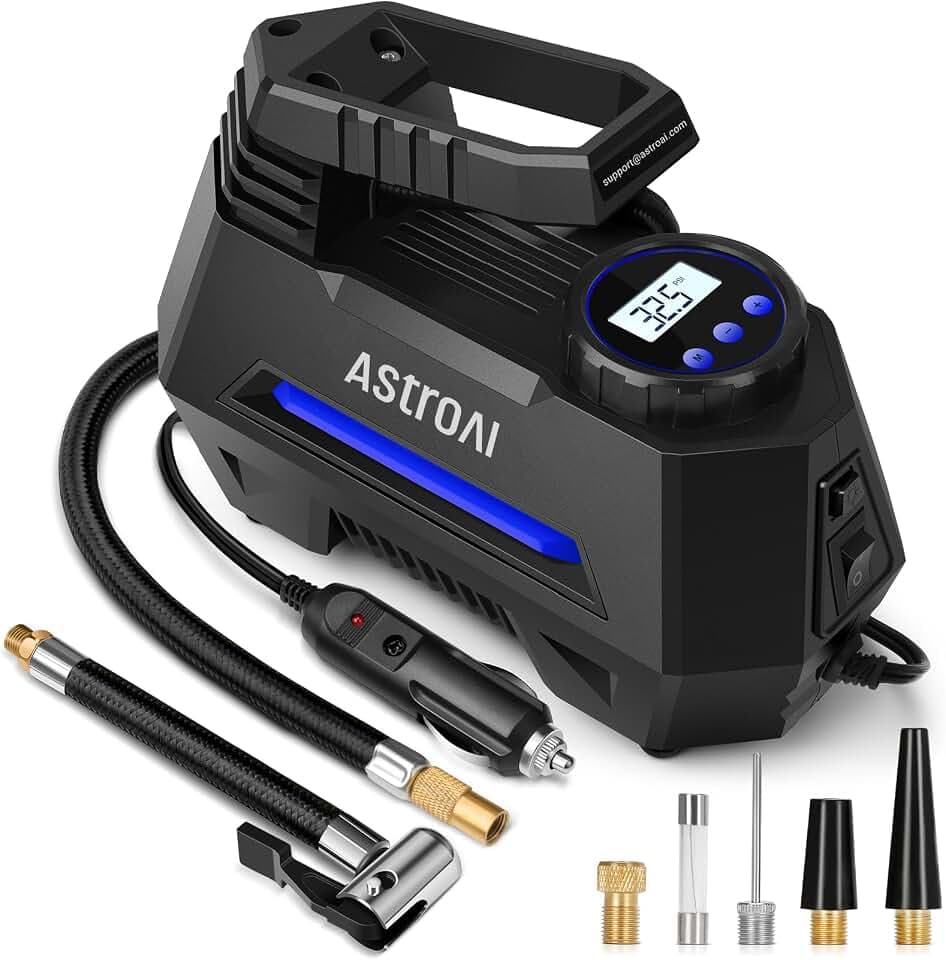 AstroAI AIRUN H Tire Inflator Portable Air Compressor, 12V DC Tire Inflator, Auto Shut-Off with Digital Pressure Gauge & LED Light, Fast Inflation for Car, Motorcycle, Bike Tires, 9.8Ft Cord, Blue