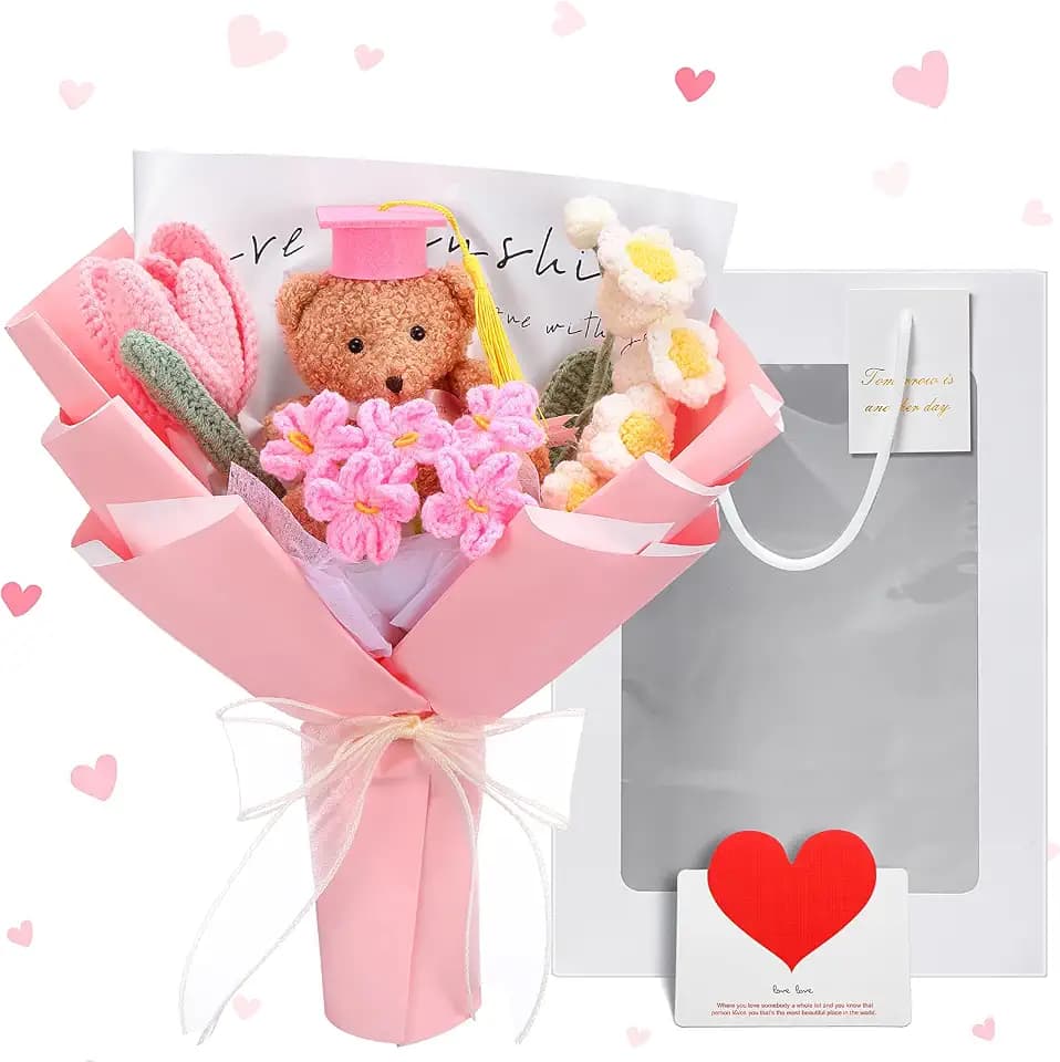 Graduation Crochet Flower Bouquet Set Includes Bear Knitted Tulips Forget-me-nots Lily of the Valley Greeting Card Gift Bag 2026 Pink Flower Bouquet Graduation Gift