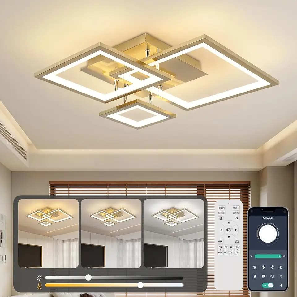 EIDISUNY LED Deckenleuchte Dimmbar, 36W 50cm Deckenlampe Gold Modern Wohnzimmerlampe mit Fernbedienung, 3000K-6500K, 3-Quadratisch Schlafzimmerlampe Led Deckenbeleuchtung für Büro Küche esszimmer.