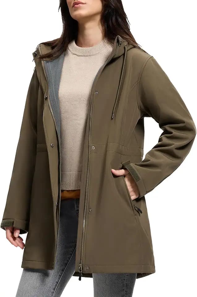 SaphiRose Women's Waterproof Rain Jacket with Fleece Lining Hooded Windbreaker Long Warm Outdoor Softshell Coat