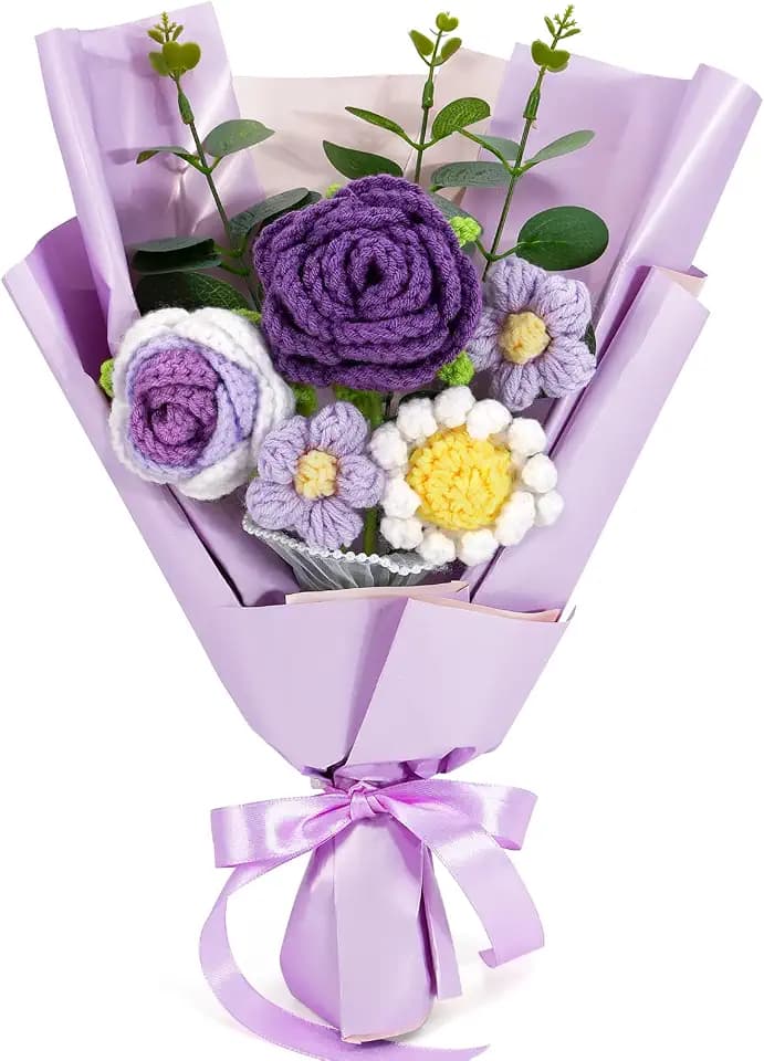 Omldggr Completed Crochet Flower Bouquet, Purple Handmane Knitted Bouquet