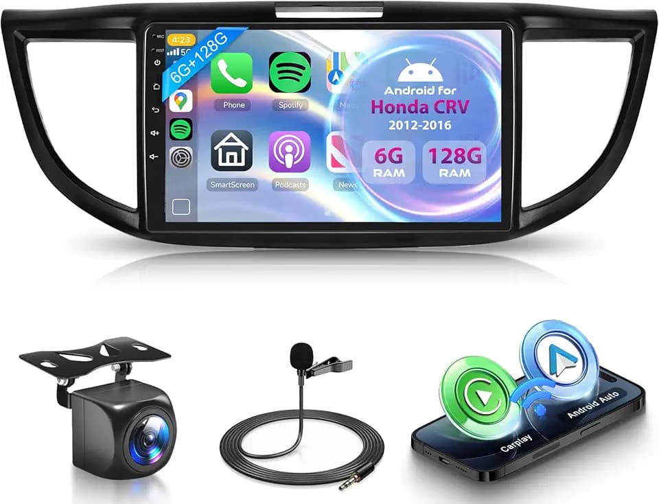 8 Core 6G+128G Android Car Radio for Honda CRV 2012-2016 with Wireless CarPlay Android Auto, 9” Touchscreen Car Stereo Mirror Link GPS WiFi Bluetooth FM RDS DSP EQ SWC Backup Camera