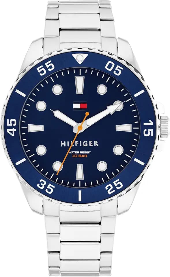 Tommy Hilfiger Men's Bold Dive-Inspired Watch – 3H Quartz Movement, Stainless Steel and Aluminum Case, Aluminum Sport Bezel, Link Bracelet – Adventure-Ready Gift for Him
