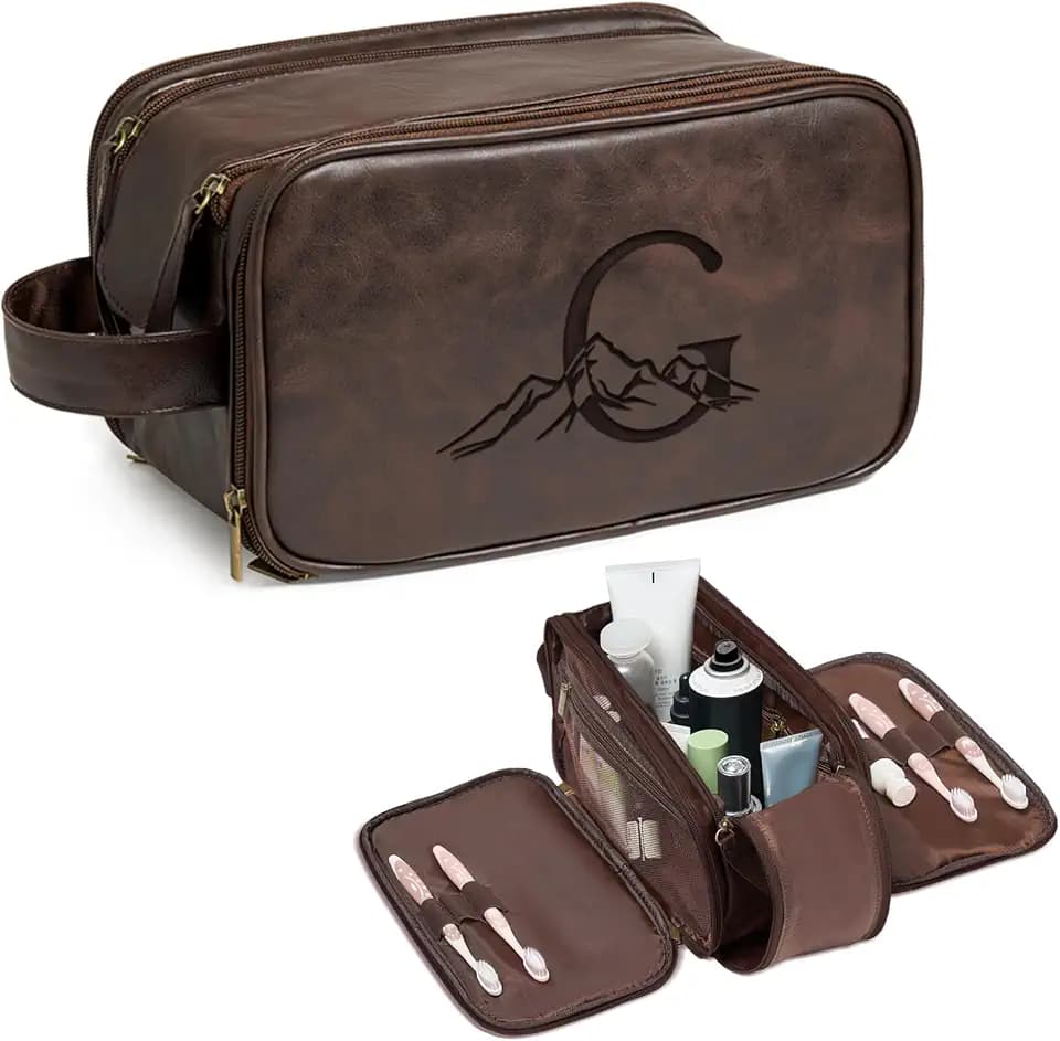 Travel Toiletry Bag For Mens PU Leather Engraved Initials (Dark Brown G)