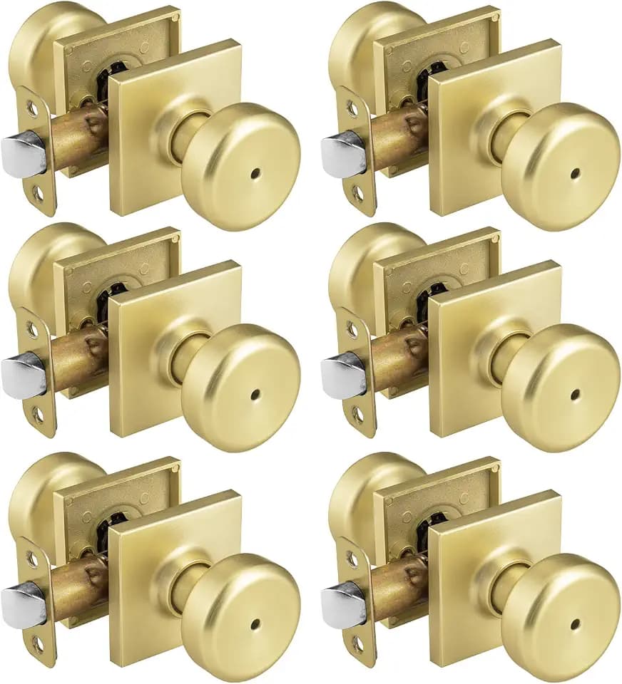 6 Pack Gold Interior Door Knobs for Bath & Bed,Doorknob Turn Lock with Square Rosette for Privacy