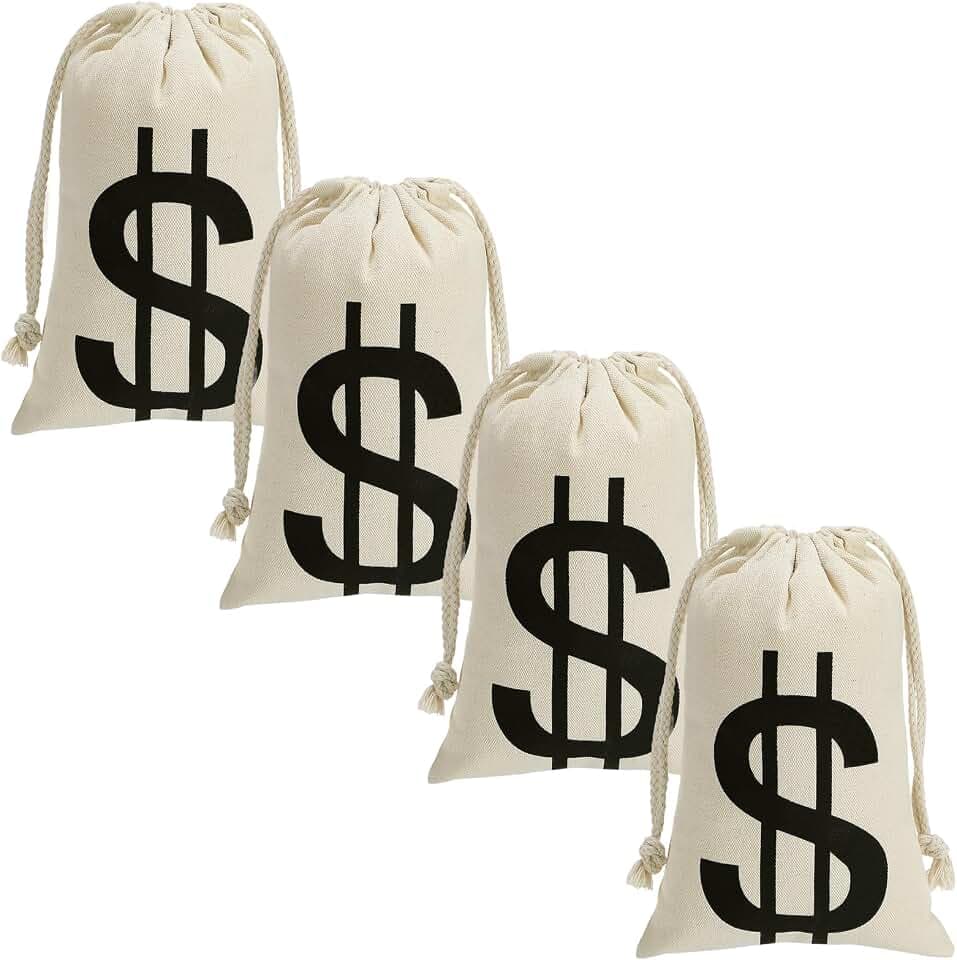 Apipi 4 Pack 6.7" W × 9" H Canvas Money Bags, Dollar Sign Halloween Props
