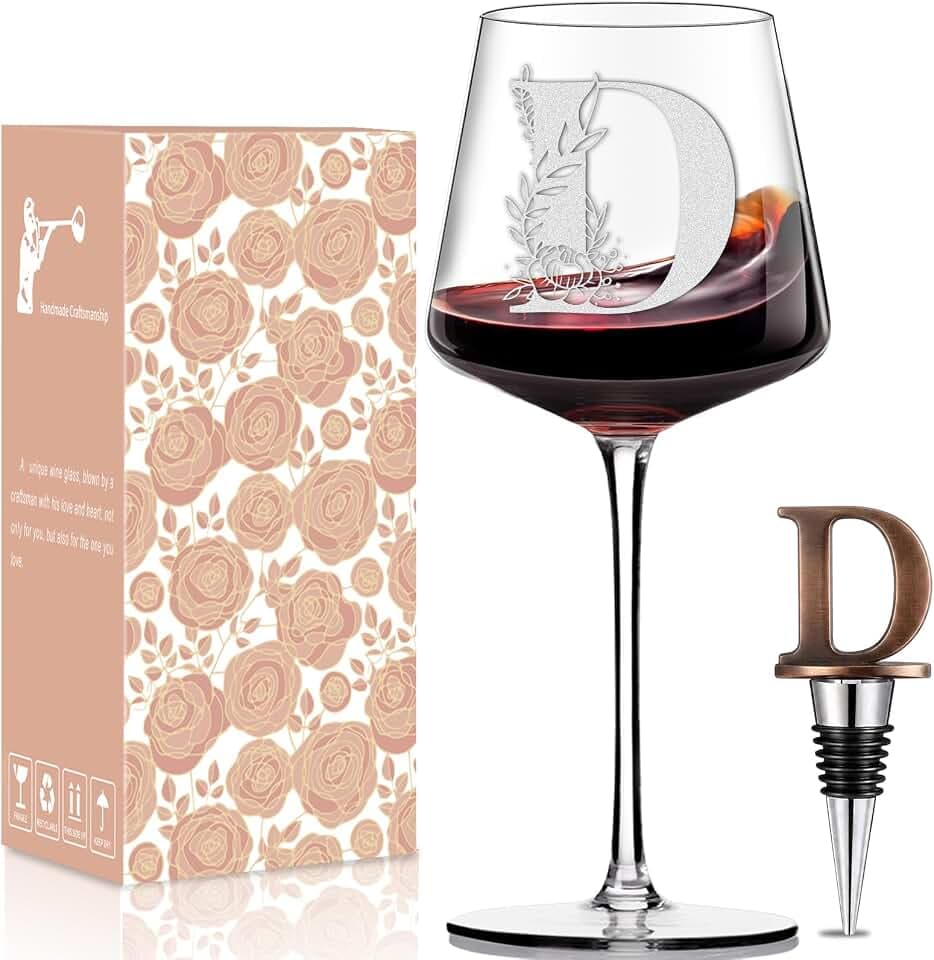 Physkoa Personalized Wine Glass – Custom Initial Monogram Gift for Women, Perfect Birthday & Mother’s Day Gift for Mom, Wife, Sister, Best Friend, Etched Dishwasher Safe (Letter D)