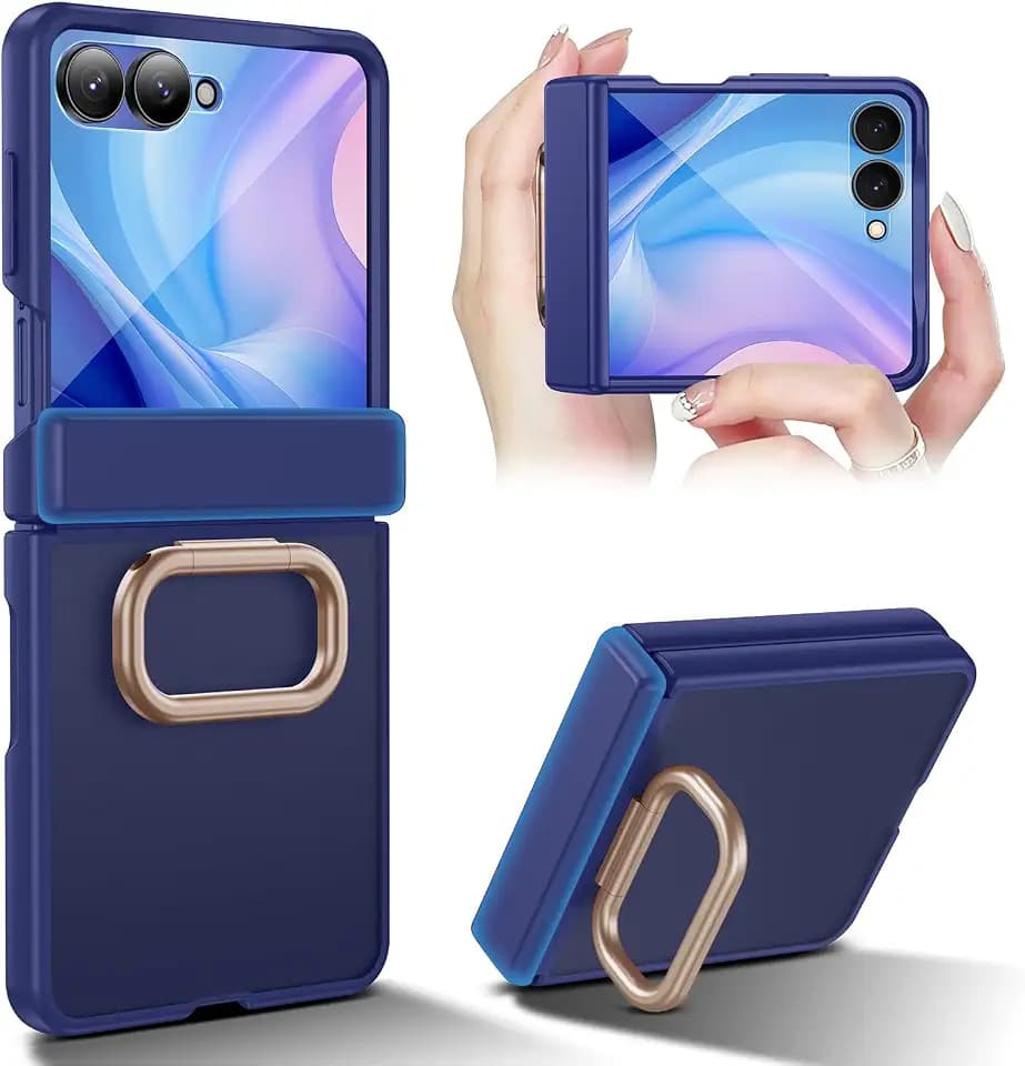 Kaiiecal for Samsung Galaxy Z Flip 7 Case with Ring [Anti-Yellowing][Built-in Screen Protector][Hinge Protection] Translucent Matte Shockproof Protective Slim Case for Galaxy Z Flip 7(Blue)