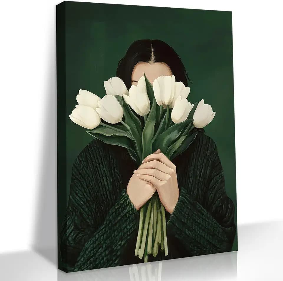 LSXARTQQ Vintage Emerald Green Abstract Woman Wall Art Funky Feminine Girl Aesthetic Canvas Wall Decor Person Holding White Tulips Picture Print Eclectic Bedroom Living Room Painting(16x24inch)