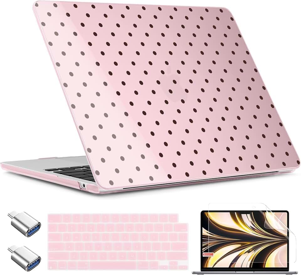 TWOLSKOO Compatible with MacBook Air 13 inch Case M5 2026 M4 2025 M3 M2 2024-2022 A3449 A3240 A3113 A2681, Plastic Hard Shell & Keyboard Cover for MacBook Air 13.6 inch Case, Pink Polka Dots