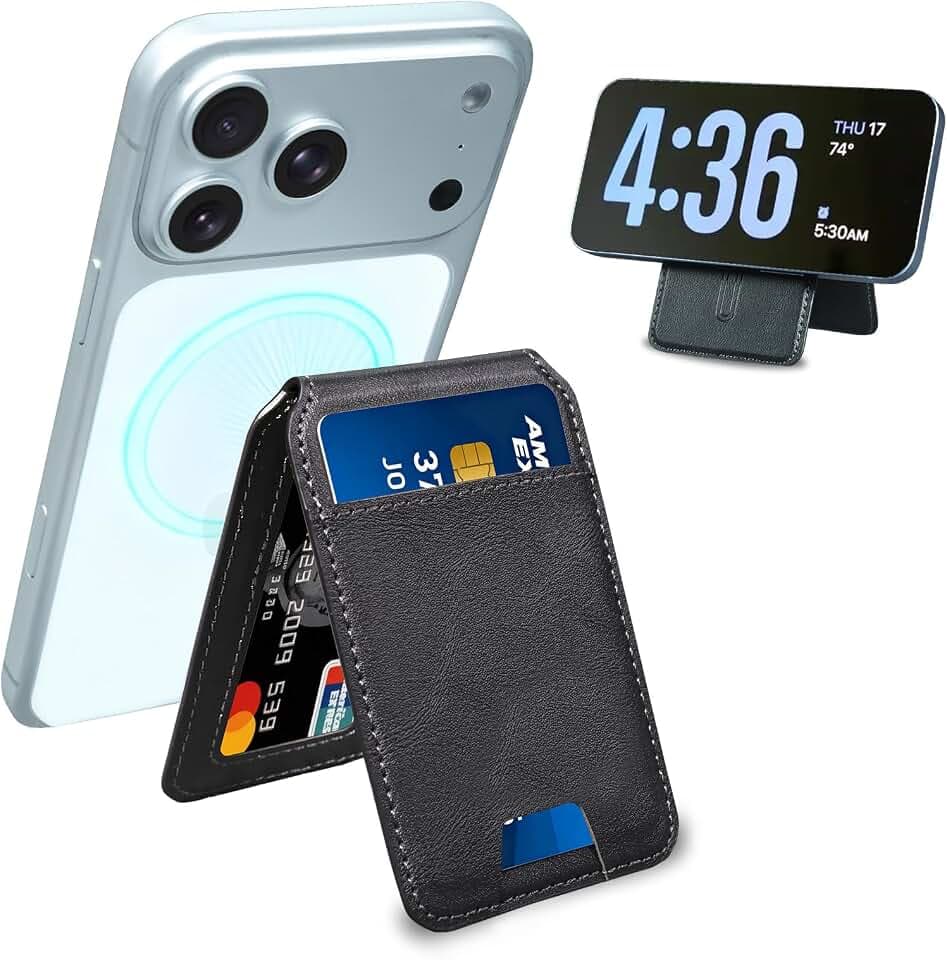 Qoovi Strong Magnetic Wallet,Card Holder with Leather Stand RFID Blocking for iPhone 17/16/15/14/13/12 Series, Compatible with Magsafe Phones and Cases,Not for iPhone 13/12 Mini