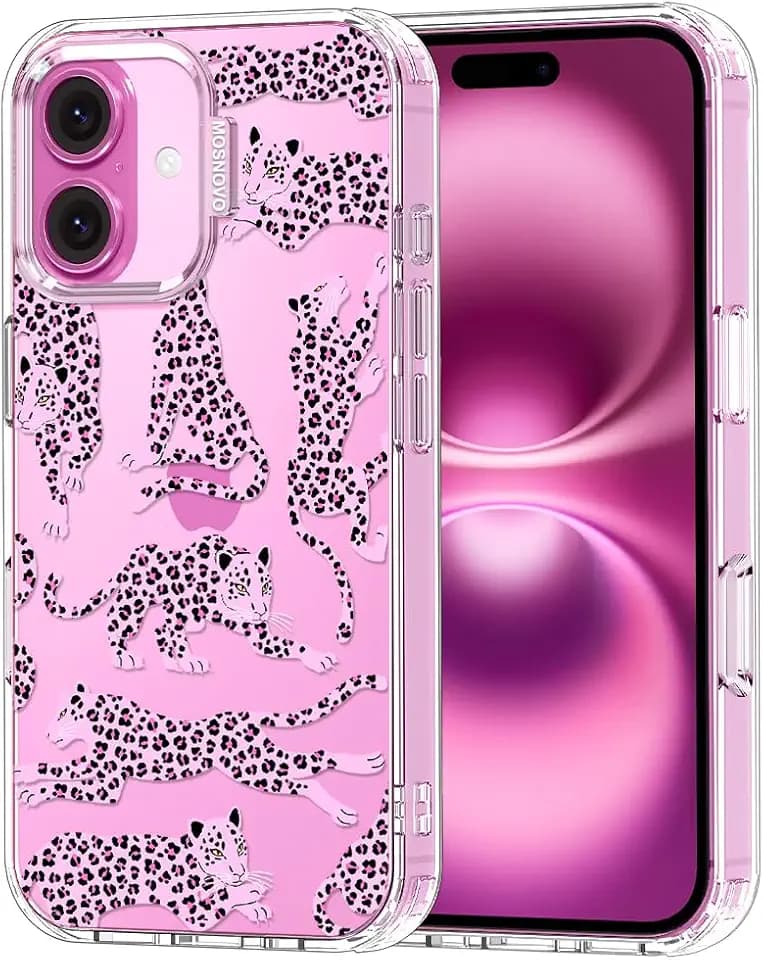 MOSNOVO Case for iPhone 16, [Buffertech 6.6ft Military-Grade Drop Protection] [Anti Peel Off Tech] Clear TPU Bumper Phone Case Cover Design - Pink Leopard