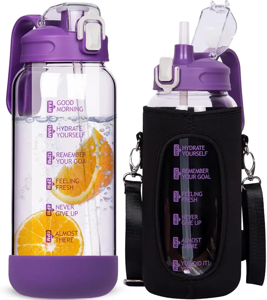 2l Trinkflasche Glas mit Strohhalm & Zeitmarkierung 2 liter Große Motivation Glasflasche mit Uhrzeit auslaufsicher bpa frei Wasserflasche Glaskaraffe mit Deckel Glaskanne
