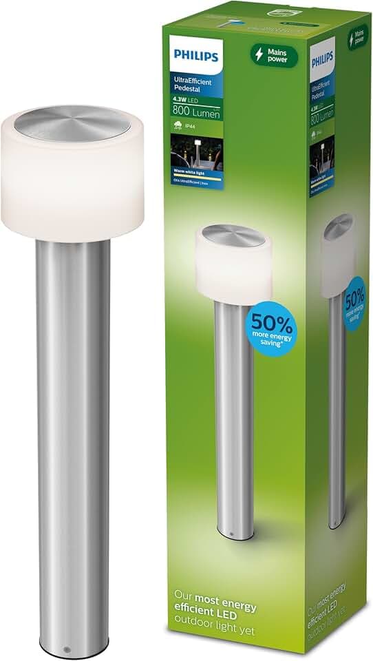 Philips Otis ultraeffiziente Sockelleuchte für den Außenbereich, 2700K warmweißes Licht, 800 Lumen, Edelstahl
