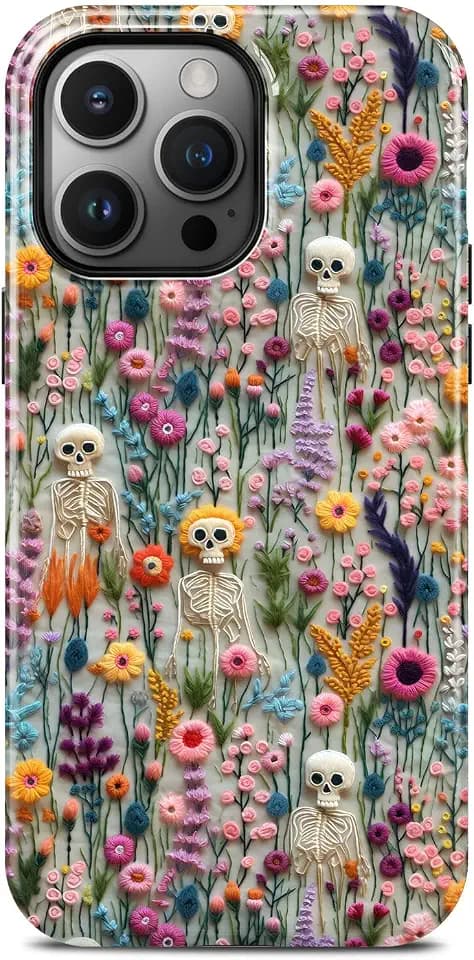 Cute Halloween Skeleton Flower Phone Case for iPhone 15 Pro Max, Compatible with Magsafe, Trendy Vintage Spooky Floral Magnetic Slim Silicone Shockproof Protective Women Girl Cover Case