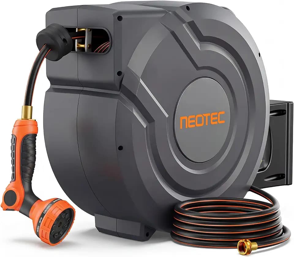 Retractable Garden Hose Reel 90 ft x 5/8 inch Automatic Slow Return 9 Sprayer Nozzle Any Length Lock Heavy Duty Wall-Mounted Hose Reels for Outside 180° Swivel UV Resistant