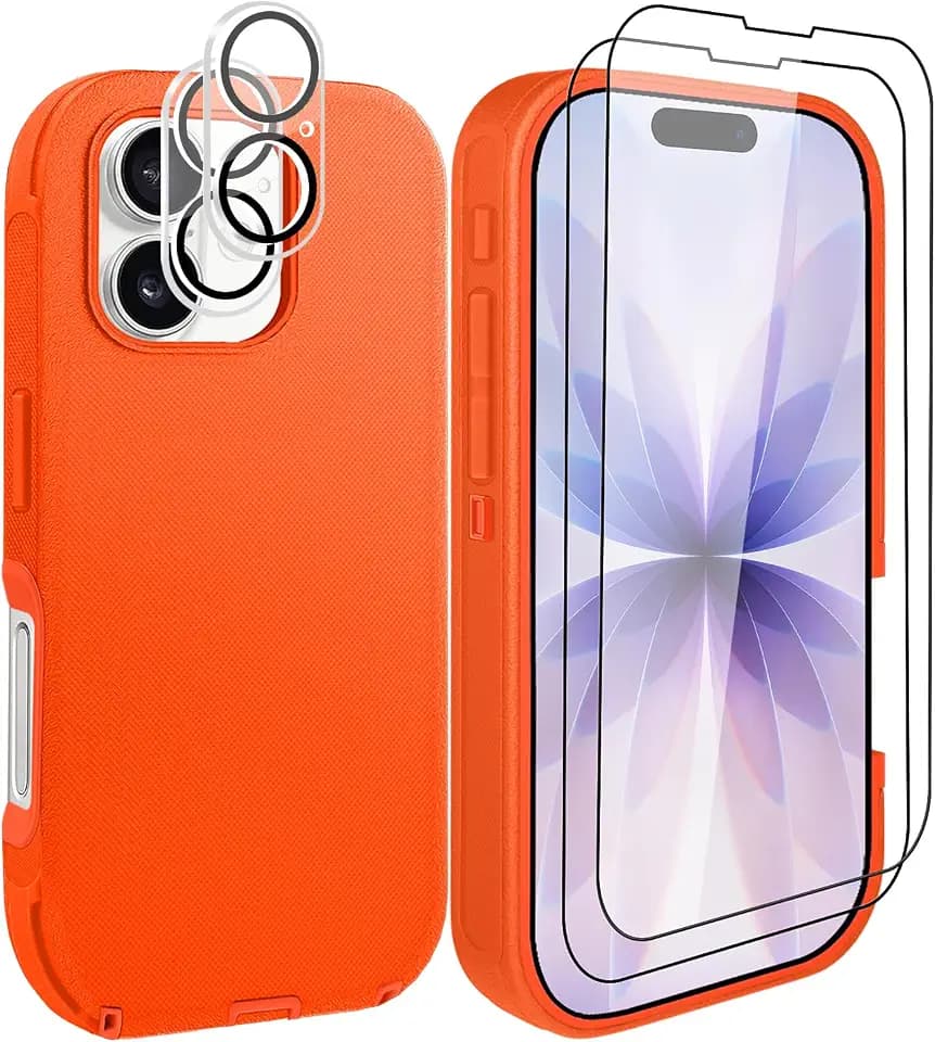 for iPhone 17 Case with 2 Camera Lens Protector & 2 Screen Protector, Heavy Duty Full Body Protective Phone Case 6.3" (Orange)
