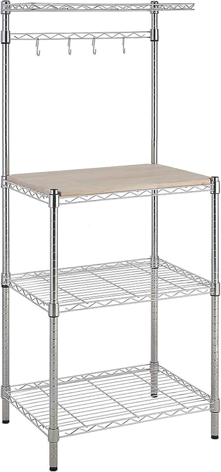 Amazon Basics 3 Küchenregal, Bäckergestell mit Holztisch, Chrom, Holz, 61 cm Chrome, Beige