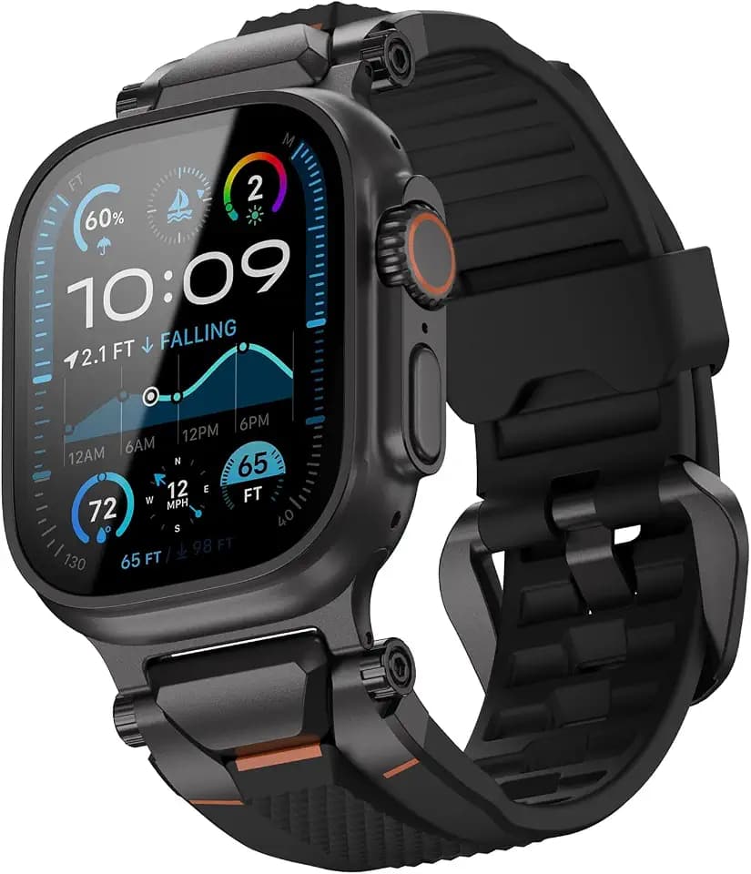 ULTIMAL Armband kompatibel mit Apple Watch Ultra 3/2/1 (49mm), Series 11/10/9/8/7/6/5/4 SE (46mm/45mm/44mm), Taktisches Herren-Armband, Robustes TPU Sportarmband, Wasserdicht, 155-225mm Schwarz