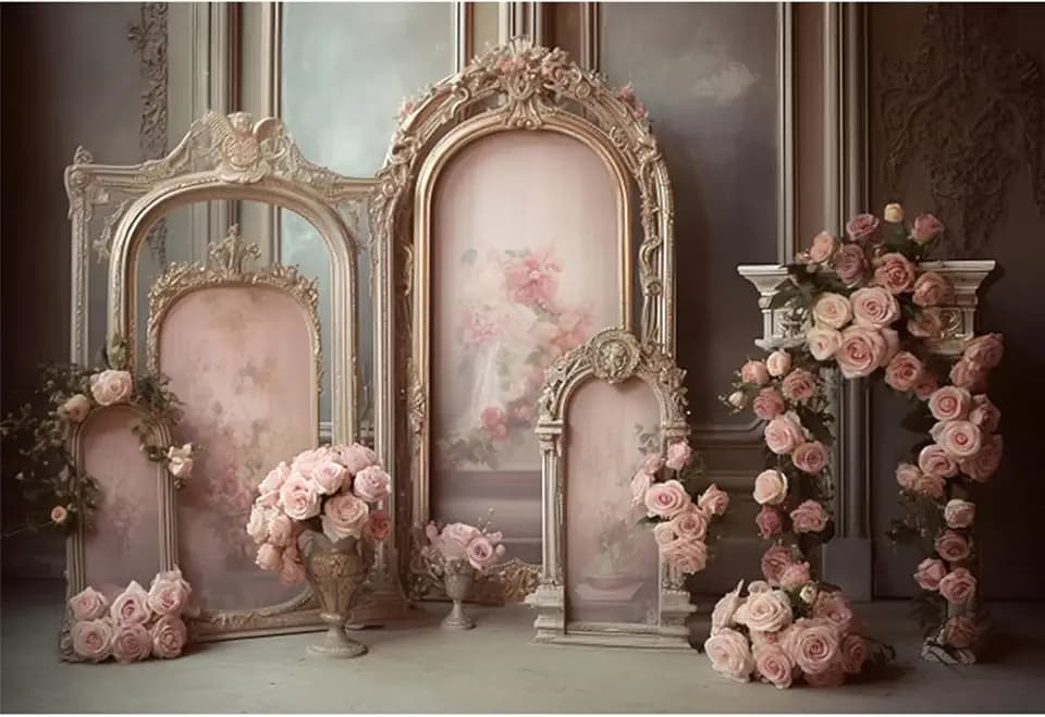 Vintage Arched Floral Mirror Frame Backdrop 7x5ft Photography Background