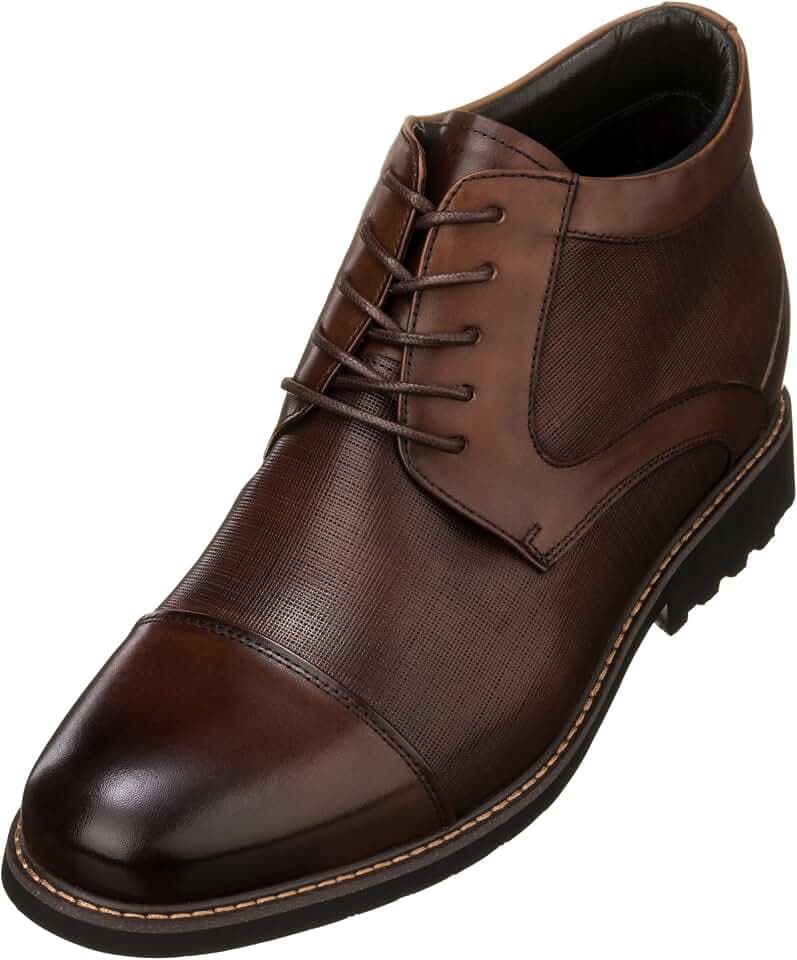 CALTO Men's Invisible Height Increasing Elevator Shoes - Dark Brown Leather Lace-up Cap-toe Boots with Inner Faux Fur - 3.2 Inches Taller - Y41089 - Size 6.5 D(M) US