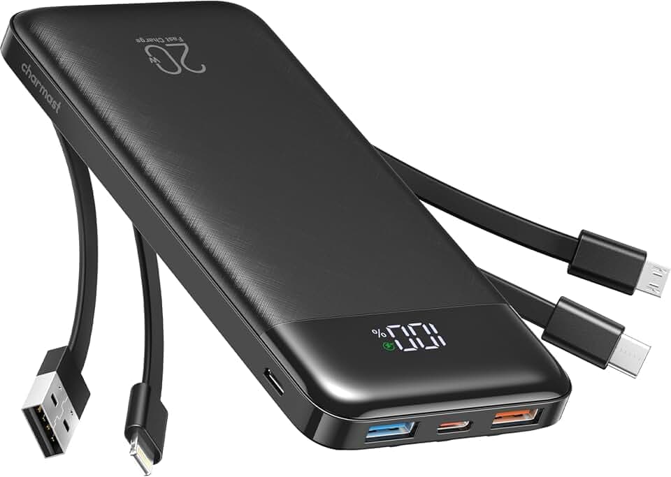 Charmast Powerbank mit integrierten Kabeln, 22,5 W 20000 mAh Powerbank Schnellladung, tragbares Ladegerät mit 5 Ausgängen und 4 Eingängen, kompatibel mit iPhone 17 16 15 14 13 12 11 Serie, Samsung