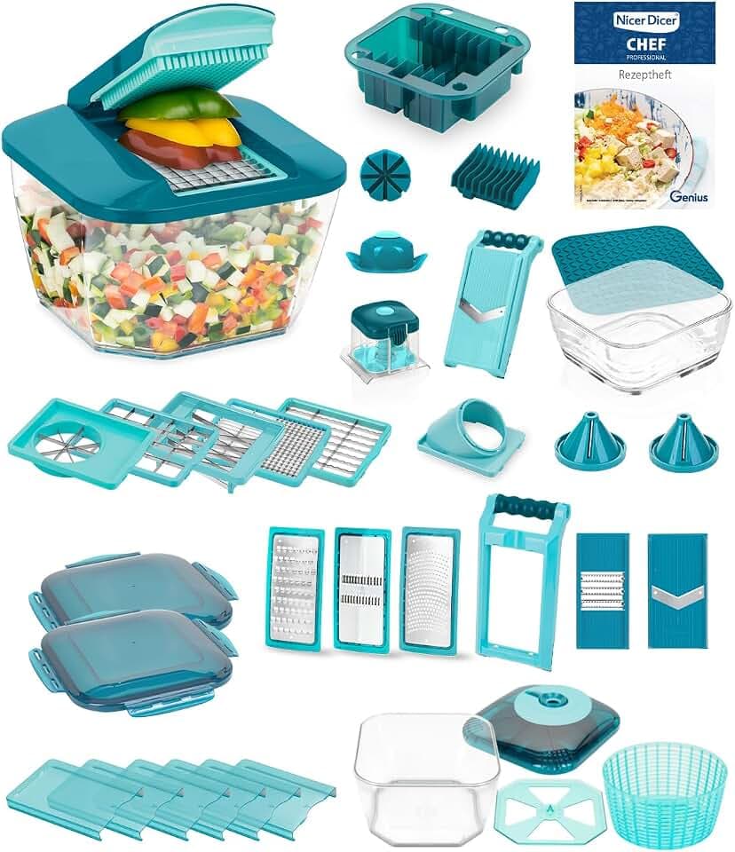 Genius Nicer Dicer Chef Professional Deluxe Gemüseschneider manuell 39-tlg, Gemüsehobel mit 5.2L Behälter und 2.8L Glassschüssel Deckel, Spiralschneider Pommesschneider Küchenhelfer