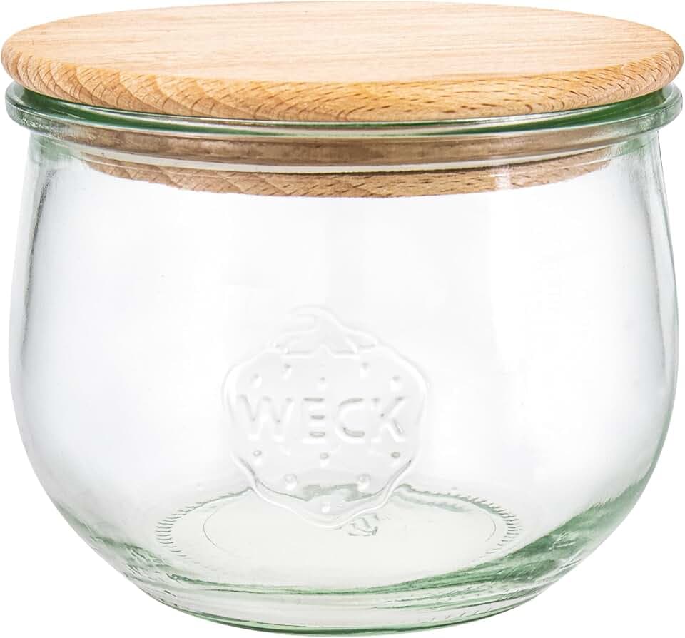 Weck Gläser Tulpenform #744 (6 Stück, Inhalt 500 ml, Vorratsglas mit Holzdeckel + Silikondichtung, Aufbewahrungsglas für Nudeln/Gewürze/Müsli) 79199, Klar