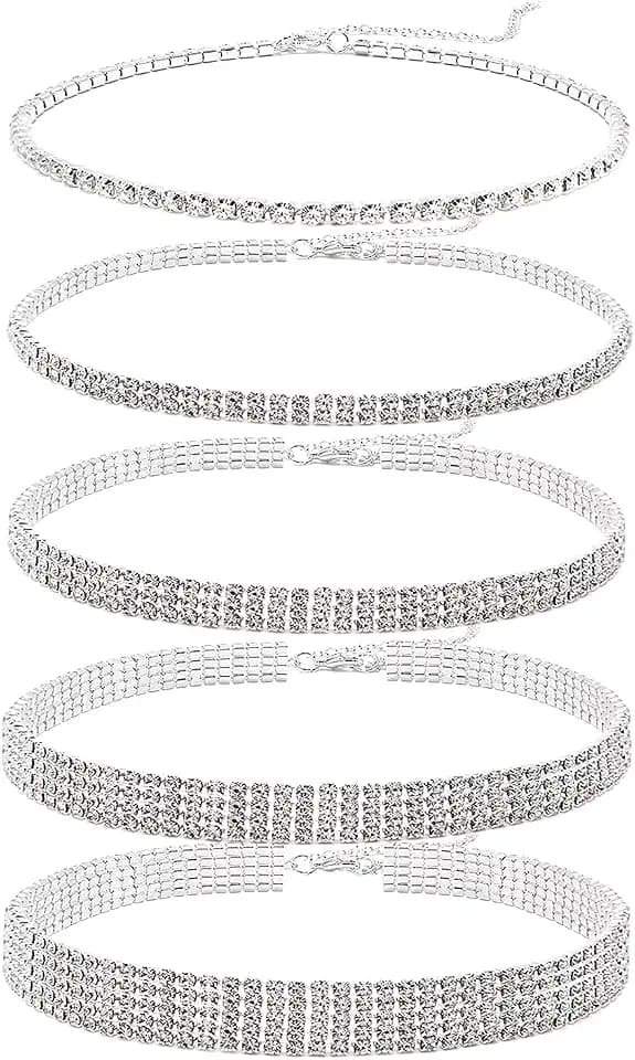 Cryshimmer 5 Pieces Rhinestone Choker Necklaces for Women Silver Gold Plated Tennis Necklaces Dainty Crystal Choker Set Jewelry