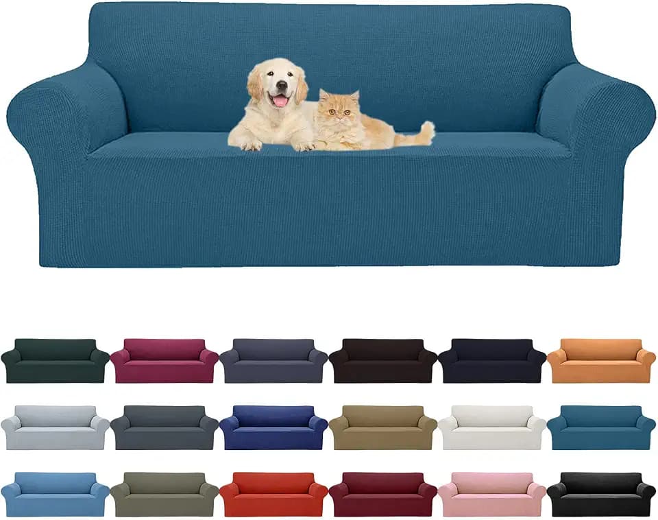 Cupuamon 2026 New Stretch Sofa Slipcovers Couch Cover for 3 Cushion Furniture Protector Sofa Covers with Elastic Bottom Jacquard Fabric Small Checks for Pets, Kids -Sofa, Peacock Blue