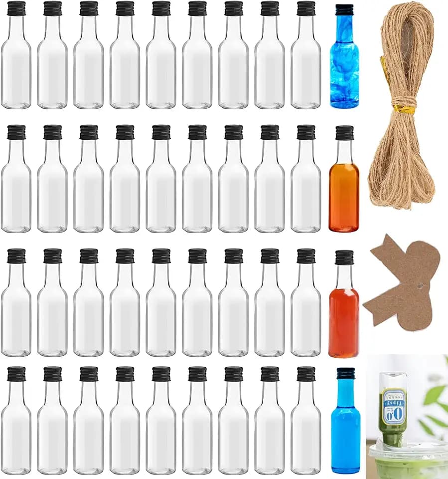 40 Stück 50ml Kleine Flaschen zum Befüllen, Mini Fläschchen Likörflaschen, Shot Flaschen zum Befüllen Kunststoff, Schnapsflaschen mit Schwarzem Deckel für Hochzeiten, Party, Weihnachten