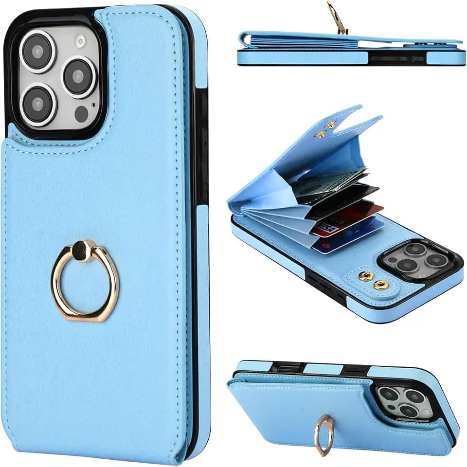 Folosu for iPhone 16 Pro Max Wallet Case Card Holder,Ring Kickstand,Blue