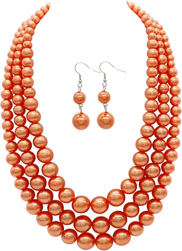 We We Three Layers Faux Pearl Necklace for Women Multi strand Pearl Necklace Earrings Set 1920s Pearl Costume Jewelry (orange pearl necklace set)