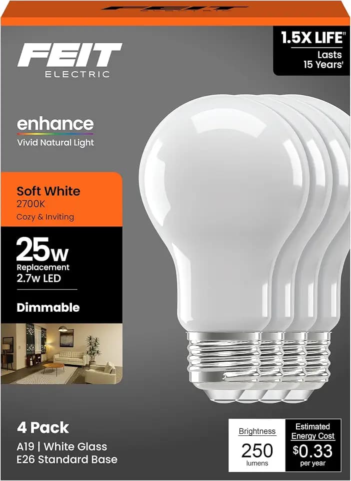 Feit Electric Enchance A19 LED Light Bulbs, 2.7W (25W Equivalent), Soft White 2700K, Dimmable, 90+ CRI, E26 Base, 17,000-Hour Lifetime, Residential or Commercial Bulb, A1925/927CA/FIL/4/GB, 4-Pack