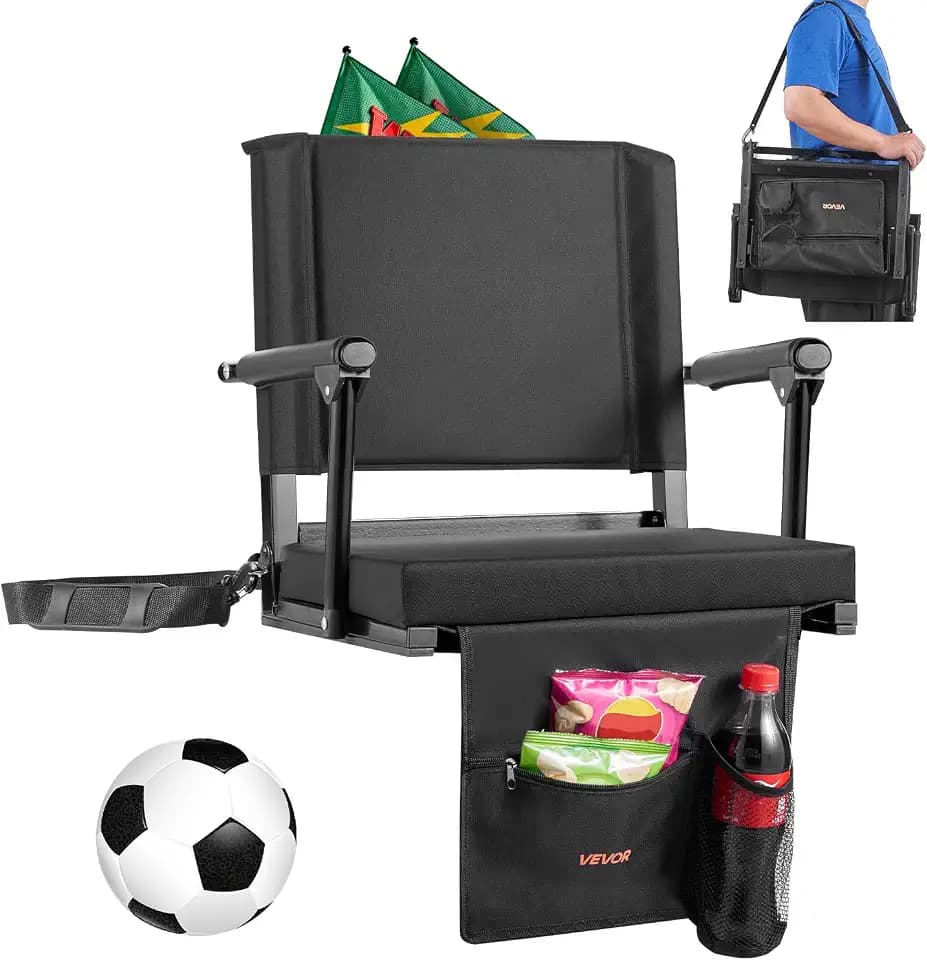 VEVOR Stadium Seat, Portable Bleacher Seat with Armrest, Back Support and Thick Cushion, Bench Chair for Bleacher Includes Shoulder Strap, Hooks, Cup Holder, Black Football Bleachers Seats, 1PCS
