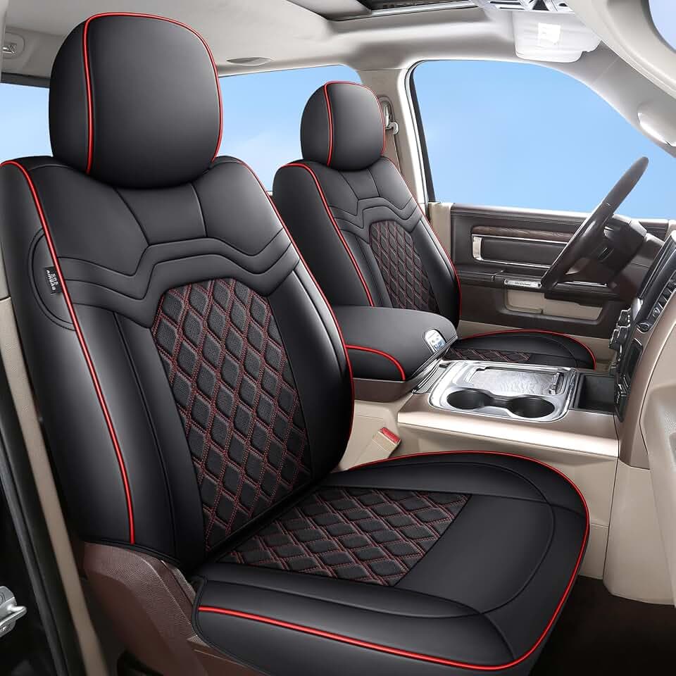 Huidasource 2Pcs RAM Front Seat Covers, Waterproof Leather Seat Cover for 2009-2025 Ram 1500, 2010-2025 Ram 2500 3500 Crew Mega Cab (Concave Front/Black&Red)