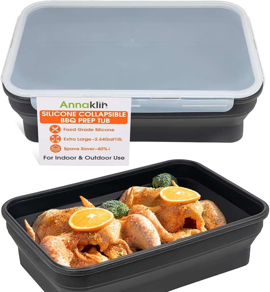 Silicone Collapsible Marinating Container with Lid for Meat, 2.64Gal/10L, Extra Large Collapsible BBQ Prep Tub, Transparent Locking Lid, XL Grill Prep Trays and Carry System, BBQ Must-Have, Black