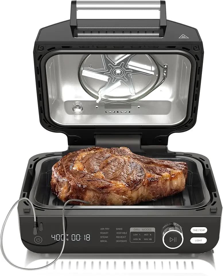 OLIXIS Electric Grill Outdoor/Indoor, 8-in-1 Multifunctional Large Electric BBQ Grill for Air Fry, Bake, Roast, Steak, Broil and Dehydrate, Safe Non-Stick Coating, Fry Basket Included