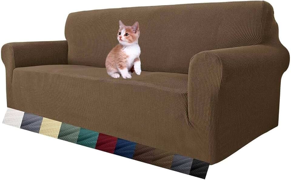 MAXIJIN Super Stretch Couch Bezug für 3-Sitzer Couch, 1-teilige Universal-Sofabezüge Wohnzimmer Jacquard Spandex Möbelschutz Hunde Haustierfreundliche Schonbezug (3 Sitzer, Braun)