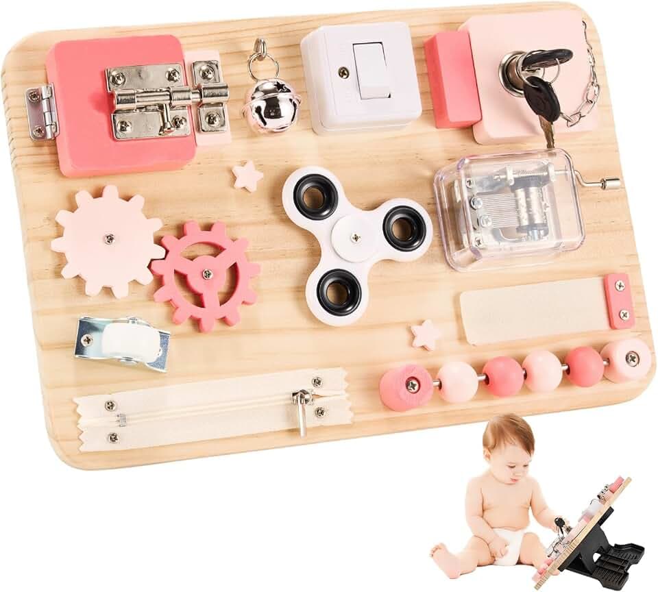 Potatomato Rosa Montessori Busy Board, Sensorikspielzeug aus Holz Kinder
