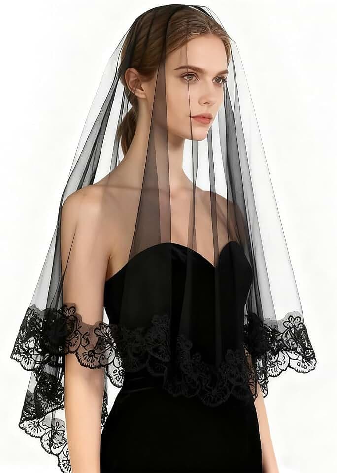 Schleier Braut,Schwarz Spitze Gesichtsschleier,1.4m Veil Gothic Haarschmuck Hexe Cosplay,Halloween Lange Tüll mit Spitze Blume Besäumen,Hochzeit Zubehör Schleier für Hochzeiten,Silvester Karneval