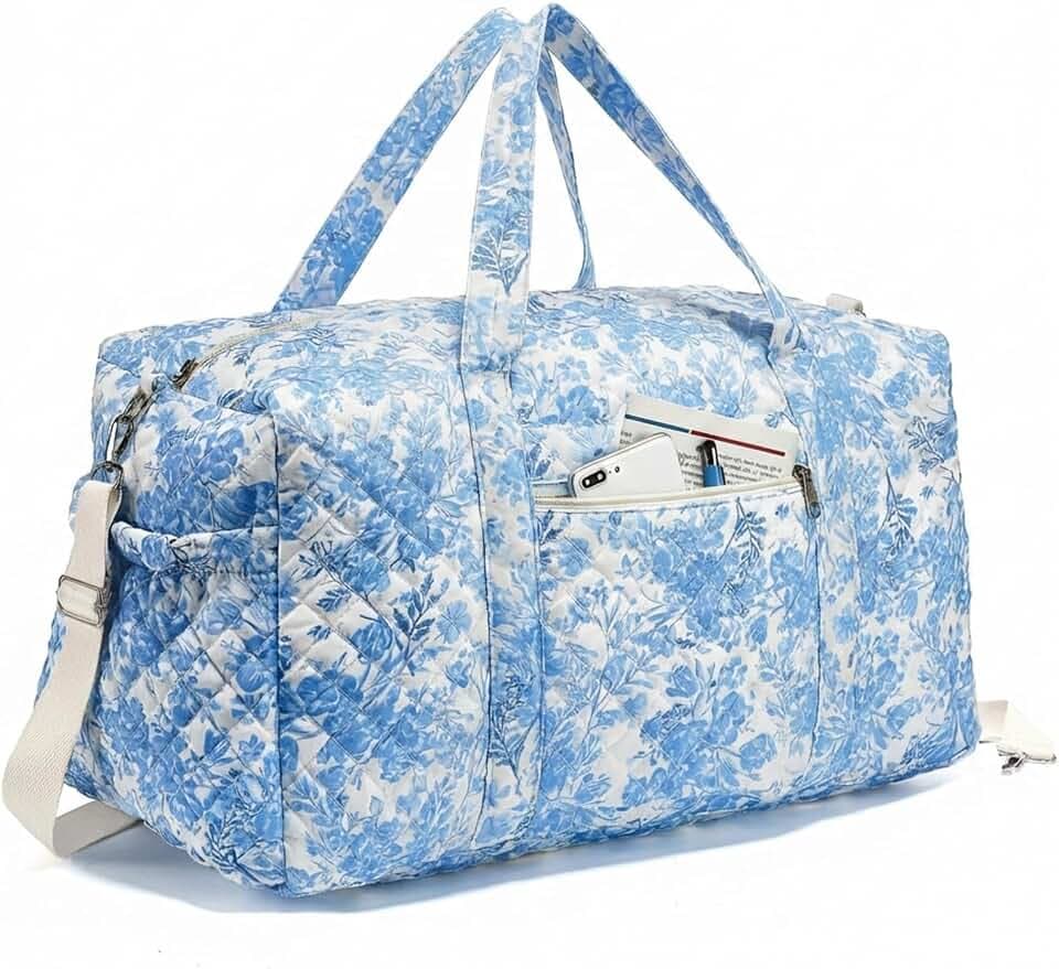 Large Quilted Travel Duffle Bag for Women, Blue Floral