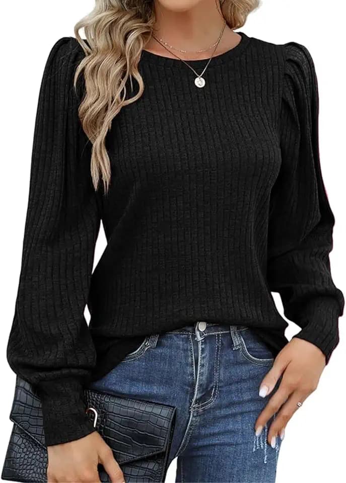 Hotouch Damen Pullover Leichter Puffärmel Oberteile Herbst Langarmshirt