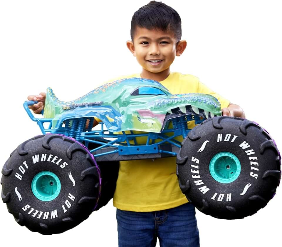 Hot Wheels RC Monster Trucks Mega-Wrex Fahrzeug im Maßstab 1:6 | Extra großer ferngesteuerter Truck mit Wheelie-Bar, USB-Ladekabel, über 60 cm lang, HPK28