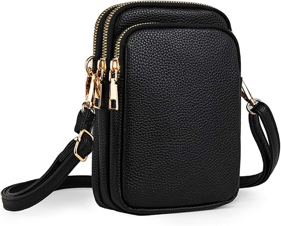 Cell Phone Purse Small Crossbody Bag for Women Men Leather Mini Shoulder Bag Wallet with Card Holder Slot Pouch Neck Strap for All Phones iPhone 17 Pro Max 16 15 Plus 14 13 up to 7.5" Black and Gold