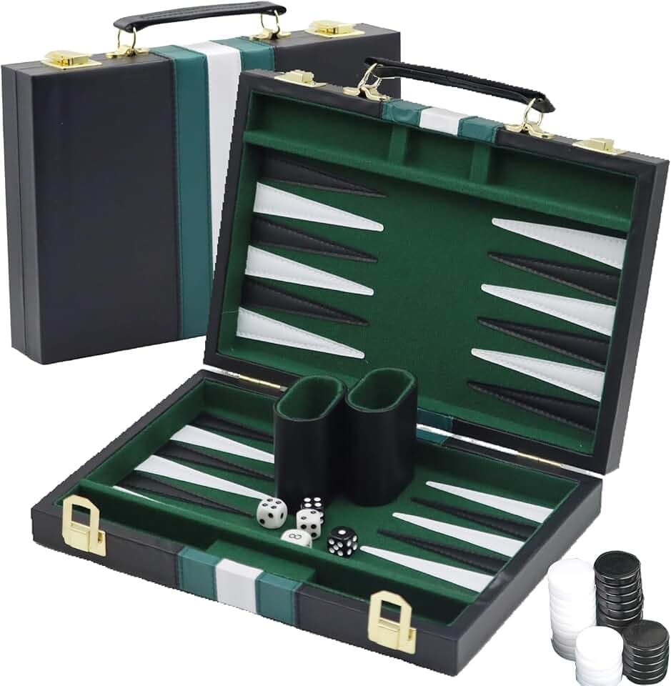 Backgammon Set Koffer für 2 Spieler Klassisches 11 Zoll Brettspiel mit Hochwertiger Ledertasche Tragbares und Reise Backgammon-Set (11 Zoll, Schwarz)