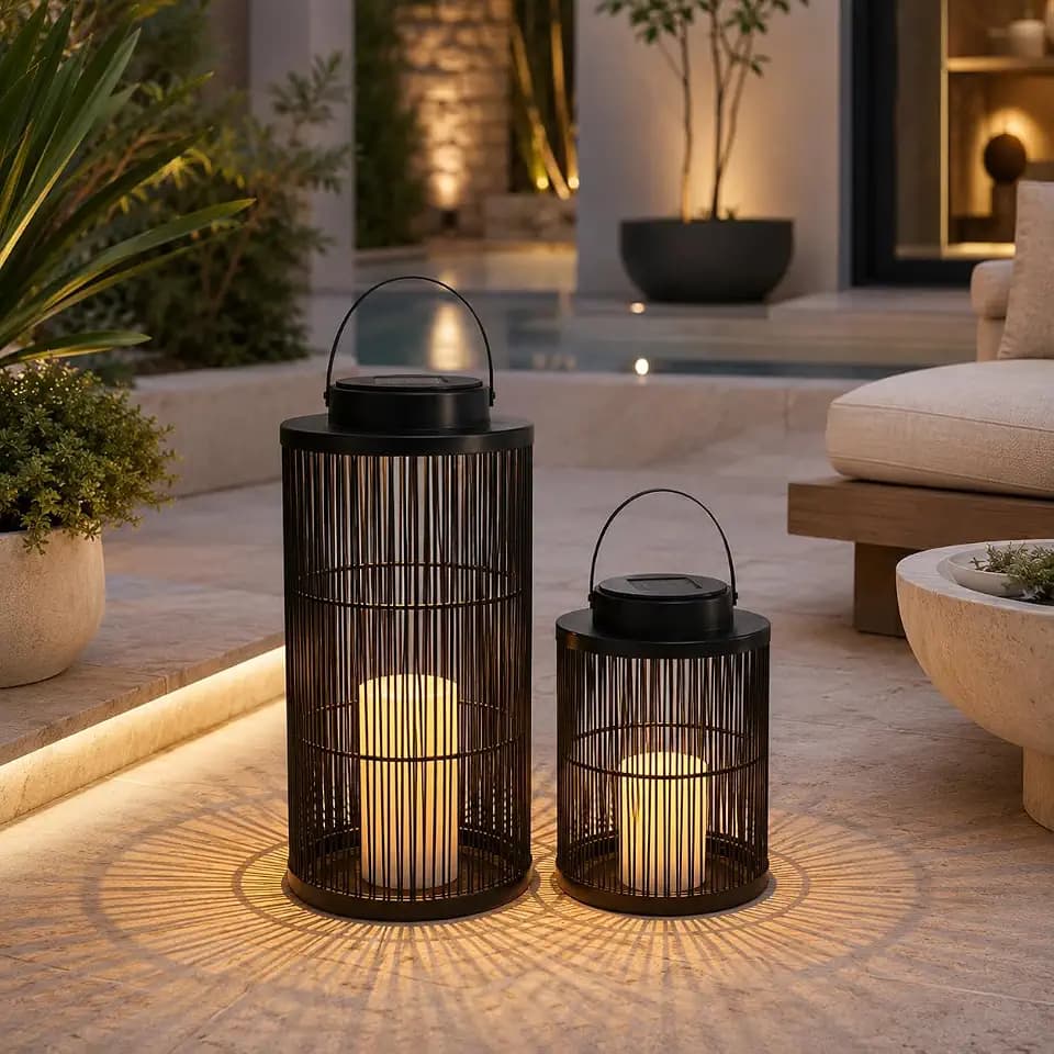 Solar Lanterns Outdoor Waterproof 2 Pack, Cylindrical Birdcage Rattan Solar Lantern with Handle, Flickering LED Dusk to Dawn, Hanging or Tabletop Decor for Garden Patio Yard (Set of 2 Sizes)