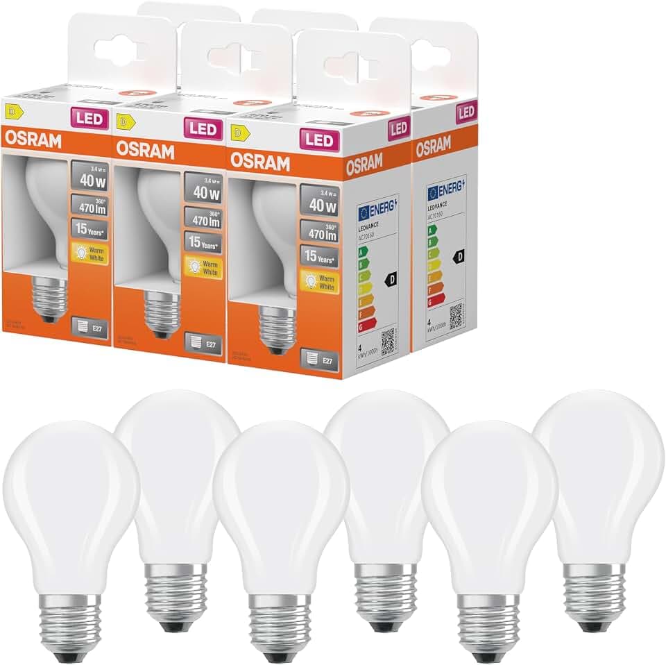 Osram LED-Lampe Star Kolbenform A40 Filament, 2700 K warmweiß, 3,4 W, E27, matt, 470 lm, 15.000h, für Decken- und Stehleuchten, blendfrei